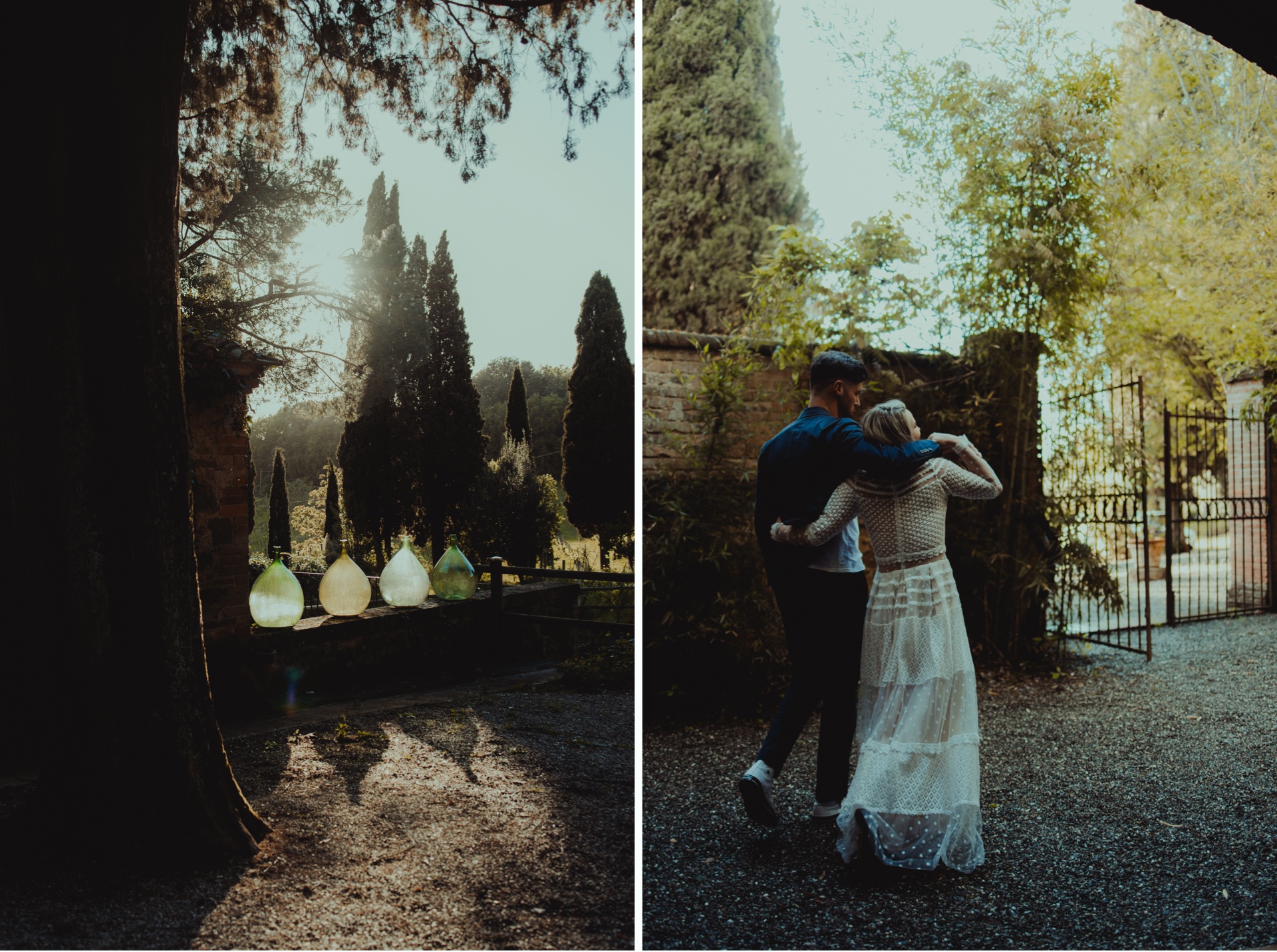 Bride and groom celebrating their pre-wedding pizza party in Tuscany