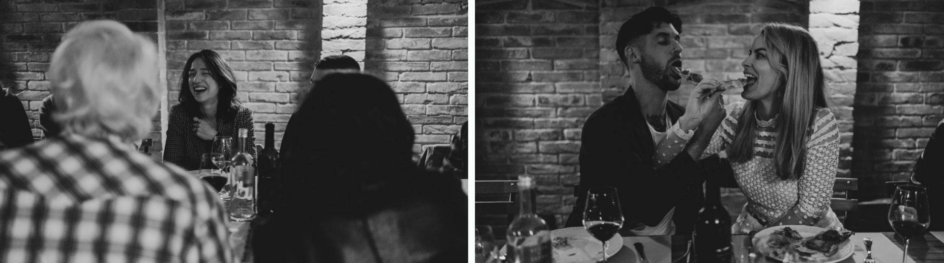 Bride and groom celebrating their pre-wedding pizza party in Tuscany