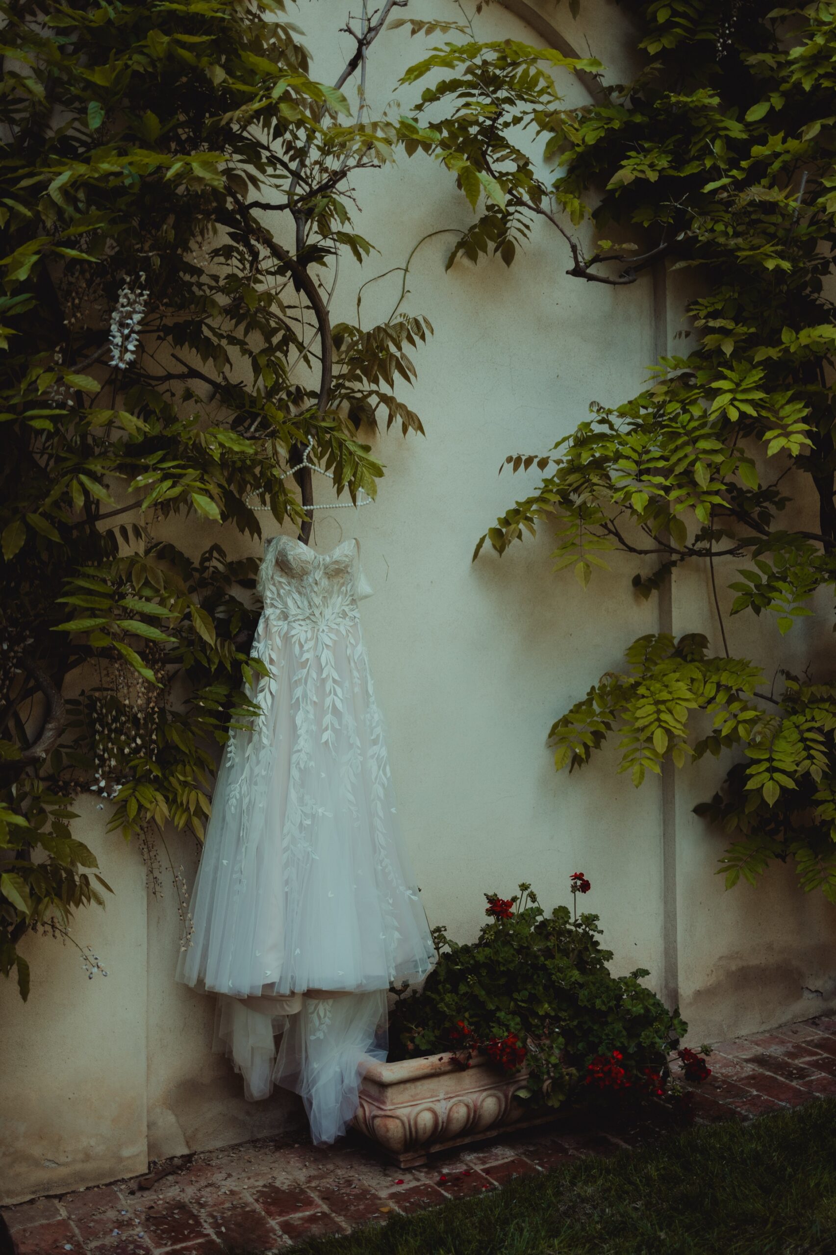 Wedding dress details during a destination wedding in Tuscany