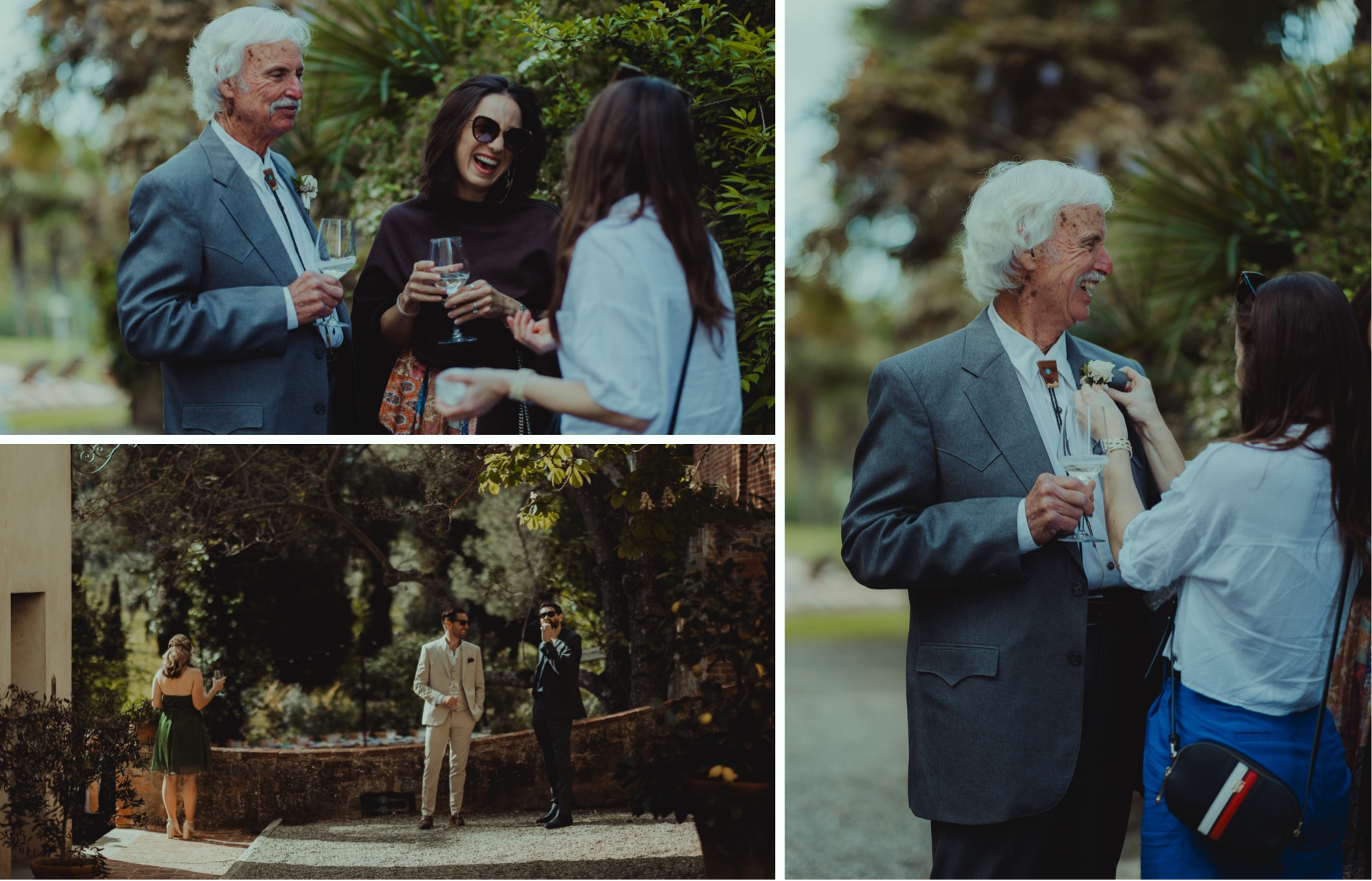Wedding guests during an outdoor ceremony in the Tuscan countryside