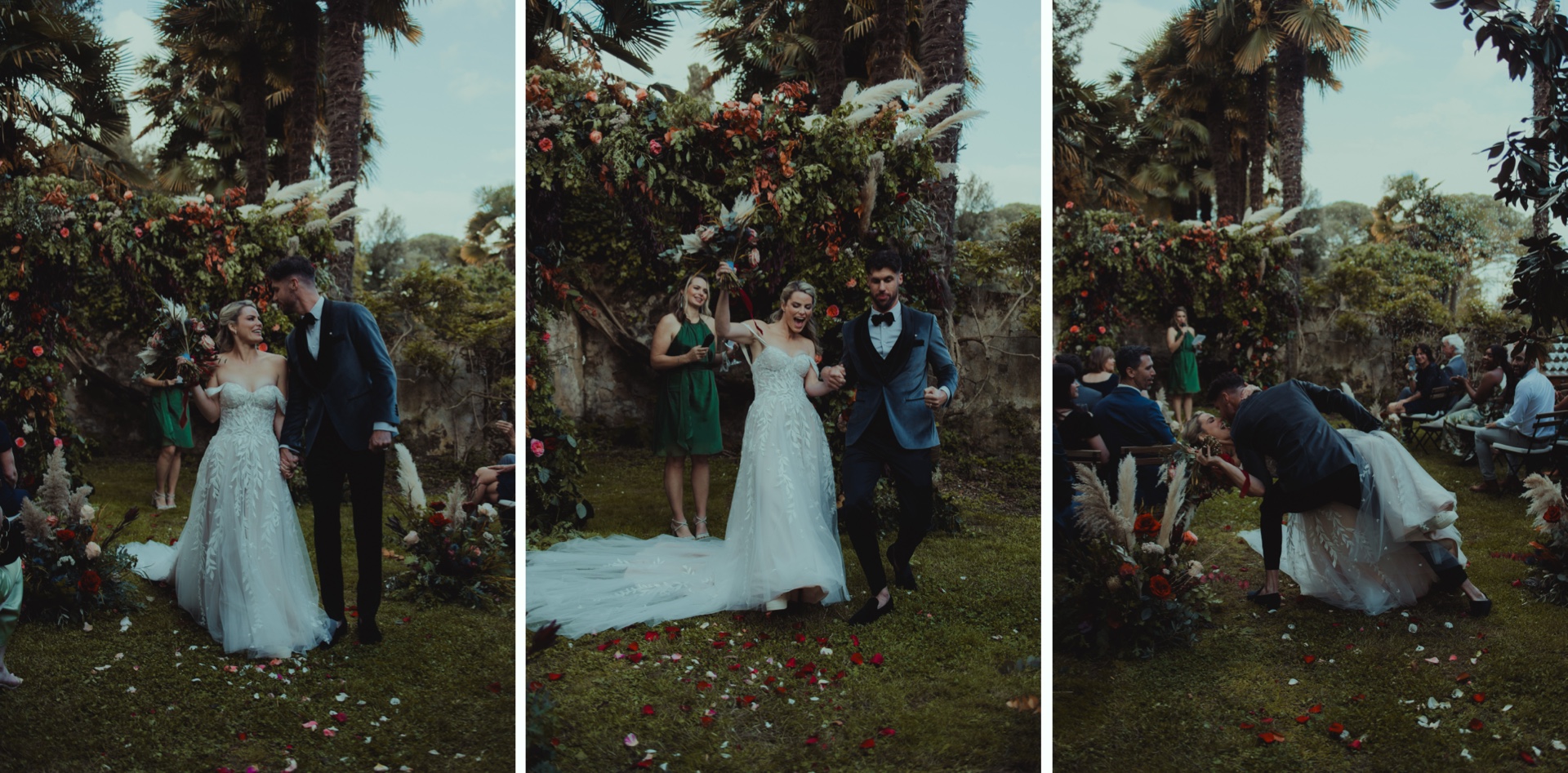 Newlyweds celebrating after their wedding ceremony at Villa Castelletto