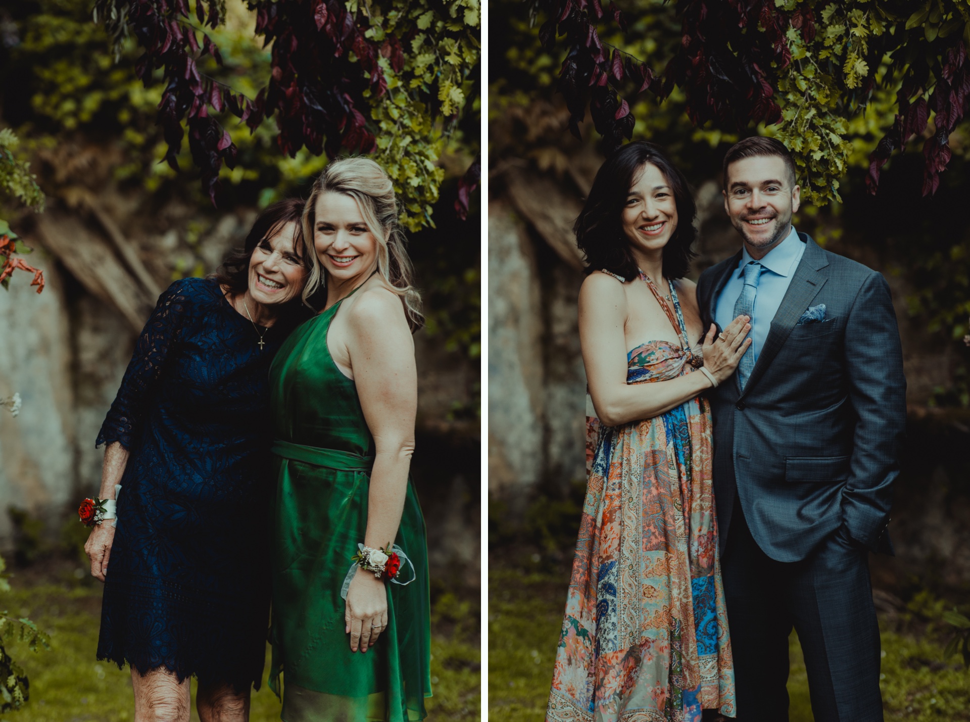 Friends celebrating during an outdoor wedding cocktail hour in Tuscany