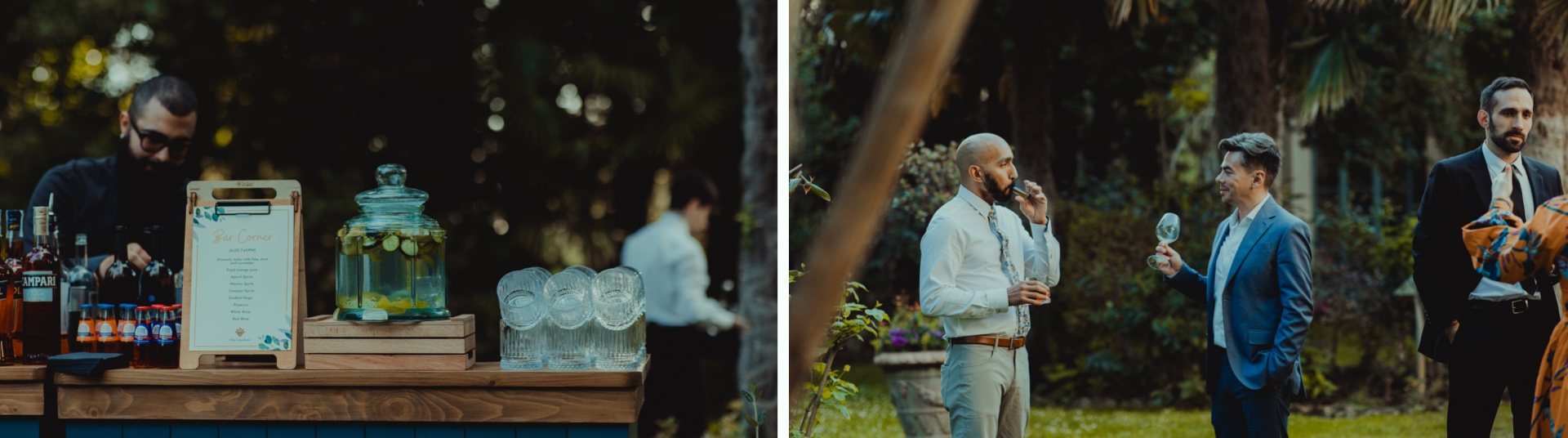 Friends celebrating during an outdoor wedding cocktail hour in Tuscany