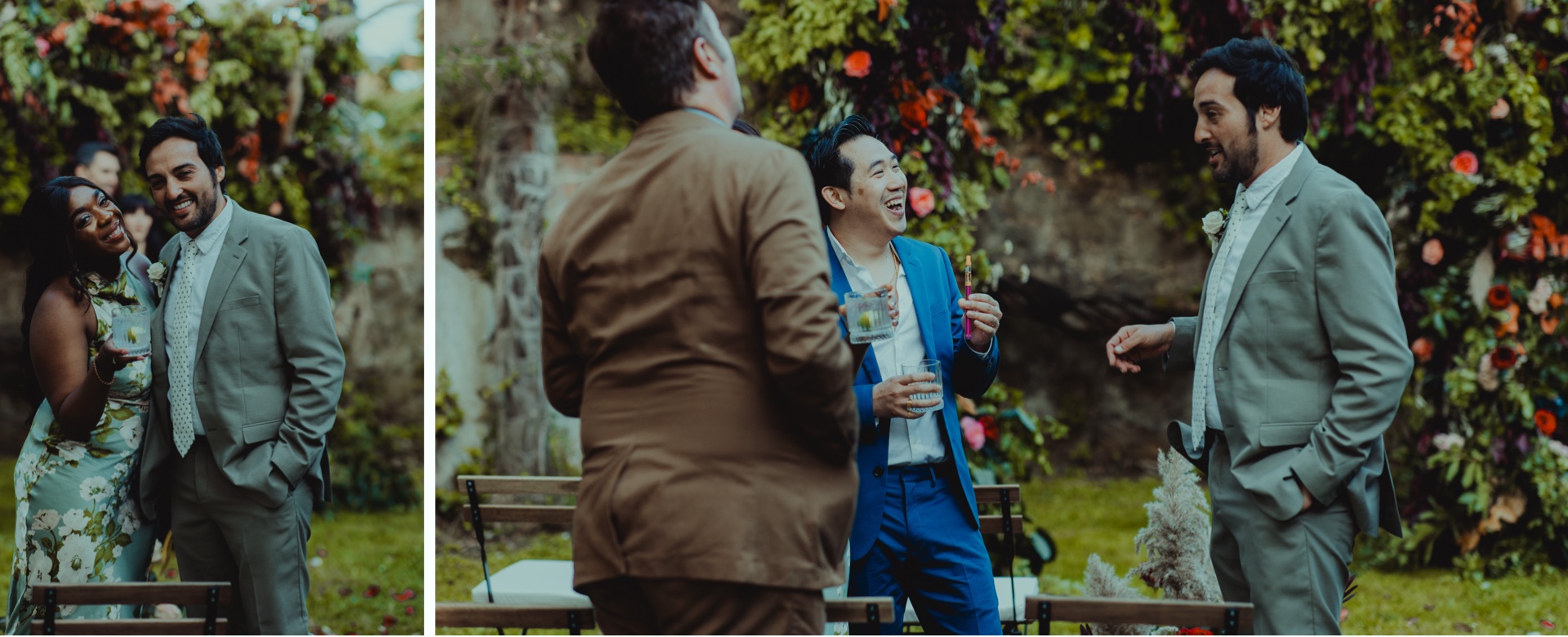 Friends celebrating during an outdoor wedding cocktail hour in Tuscany