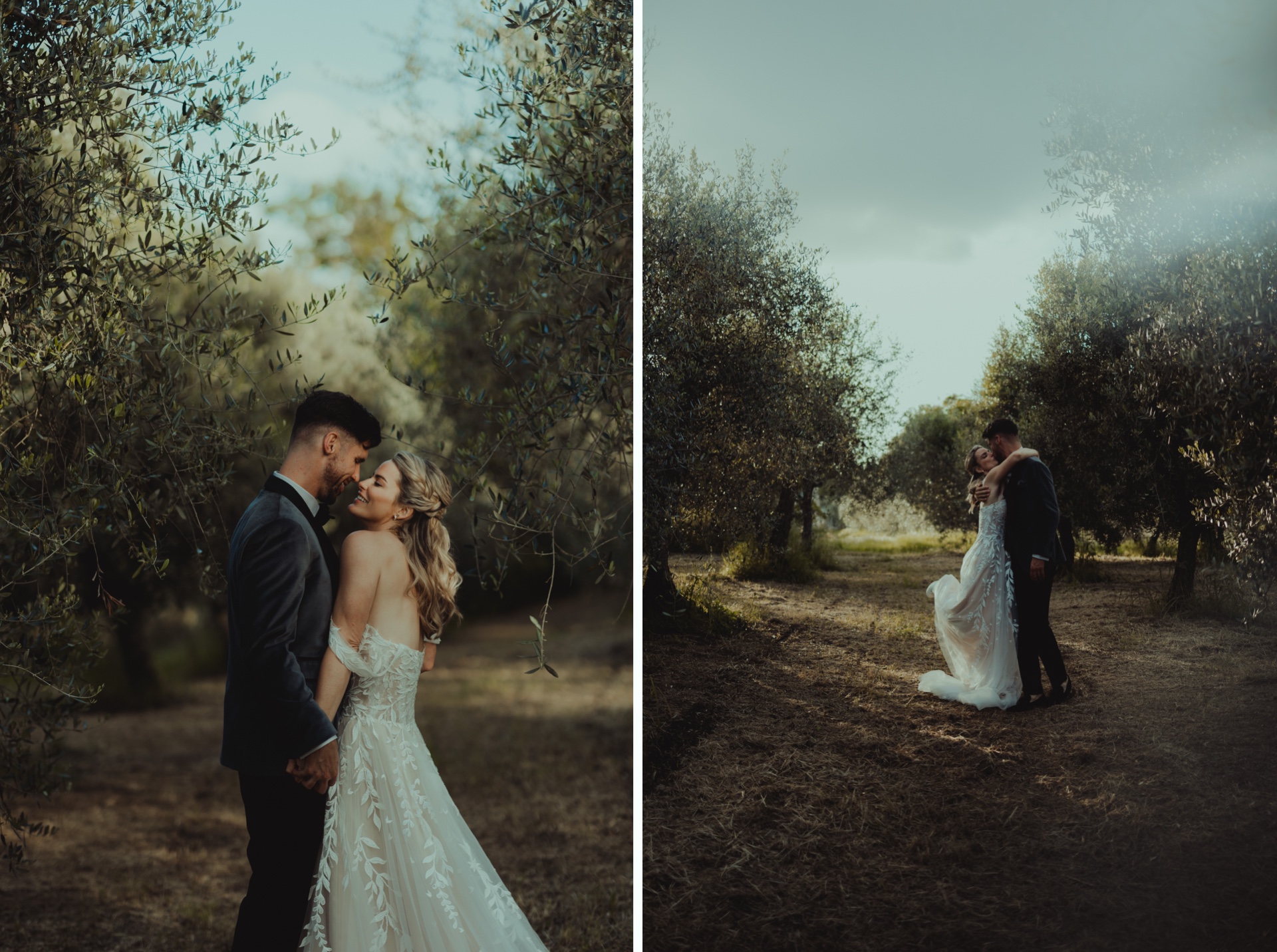 Editorial wedding portrait of the bride and groom in the Tuscan countryside