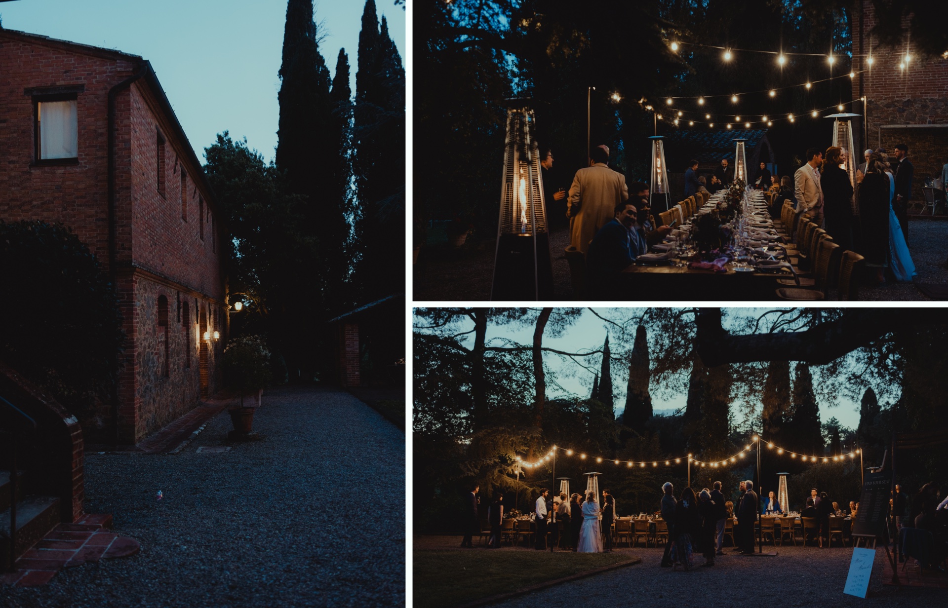 Candid moments during an outdoor wedding dinner in Tuscany