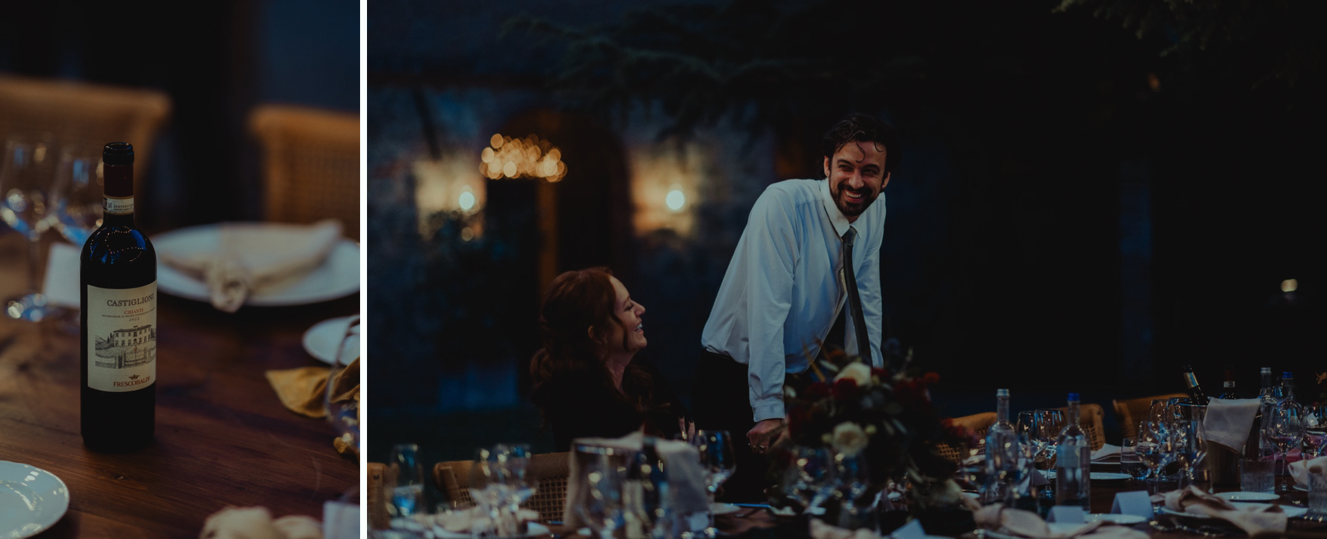 Candid moments during an outdoor wedding dinner in Tuscany