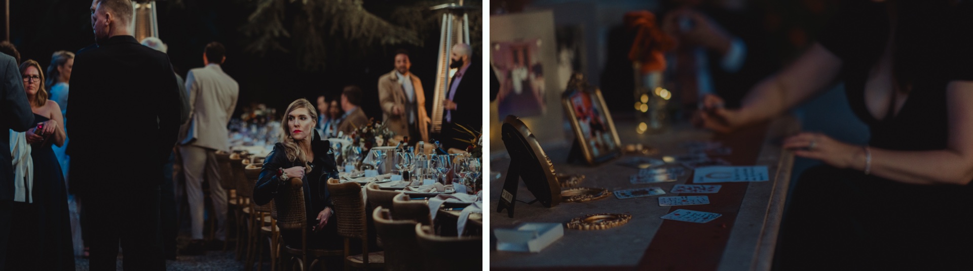Bride and groom listening to speeches during their wedding dinner